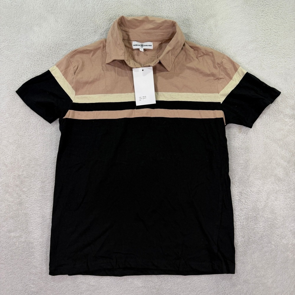 NEW Madcap England Mens Large Black Tan Striped Mod Retro Cotton Polo Shirt